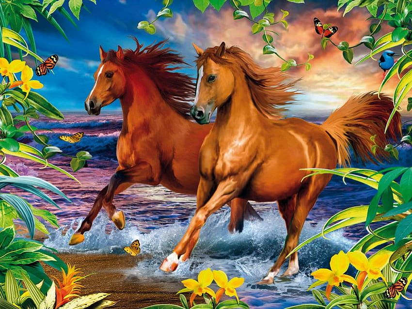 Sea horses, colorful, nice, butterflies, horses, waves, amazing, water, ocean, sea, beautiful, leaves, fantasy, clouds, nature, sky, flowers, lovely HD wallpaper