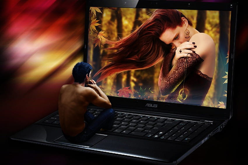 Virtual Love, notebook, boy, love, laptop, autumn, girl, virtual HD wallpaper