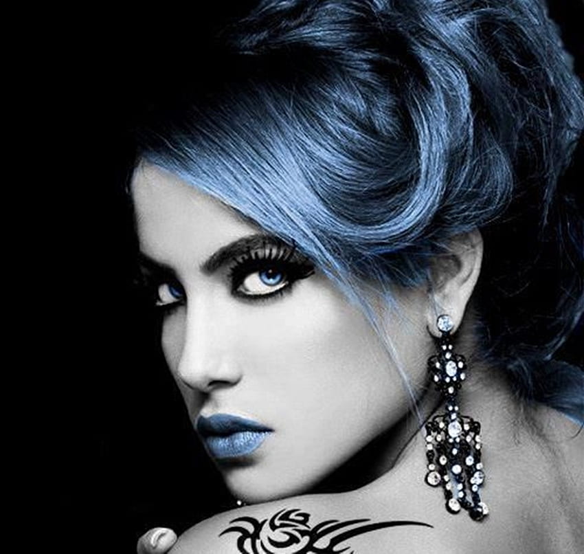 blaue haare, blau, weiß, schwarz, grafik, kunst, menschen, schönheit, mode, cool, modelle, haare HD-Hintergrundbild