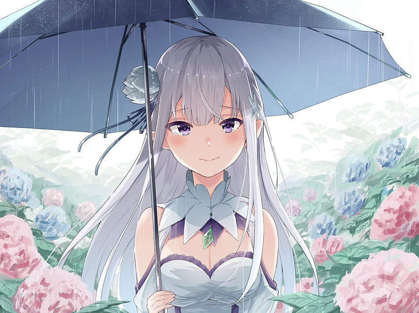 Emilia, Re:Zero, hujan, payung Wallpaper HD