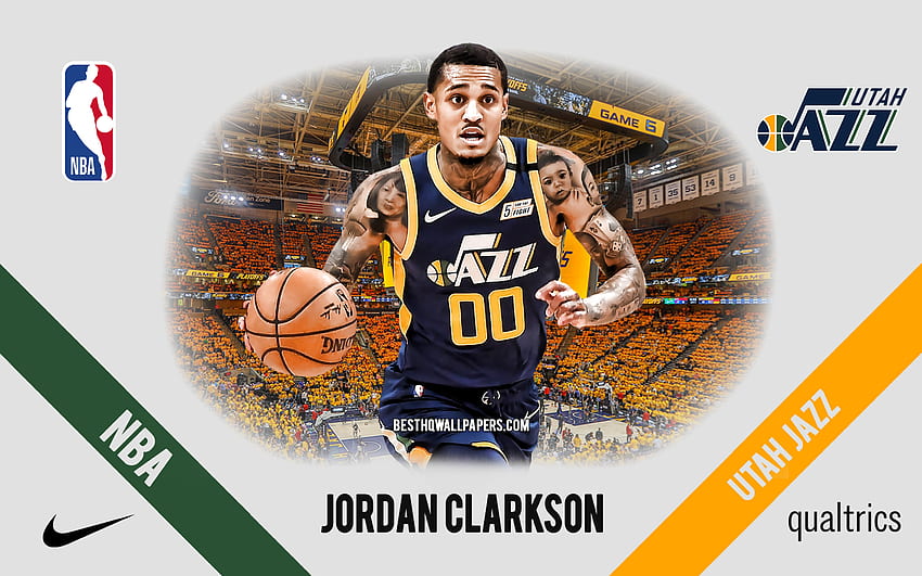 Jordan Clarkson, Utah Jazz, amerykański koszykarz, NBA, portret, USA, koszykówka, Vivint Arena, logo Utah Jazz Tapeta HD