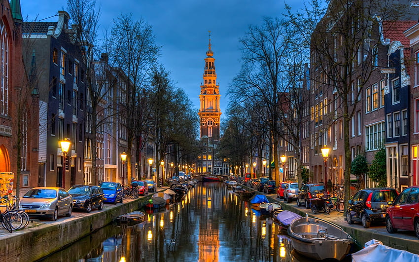 Amsterdam, Wasserkanal, Straßen, Nachtlandschaften, Niederlande, Europa, niederländische Städte HD-Hintergrundbild