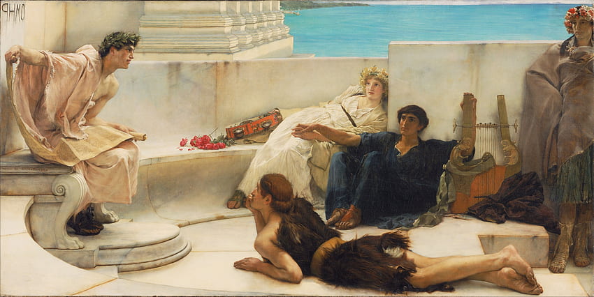 klassische Kunst, Malerei, Geschichte, griechische Mythologie, , Laurence Alma Tadema, A Reading From Homer, Artwork / and Mobile Background HD-Hintergrundbild