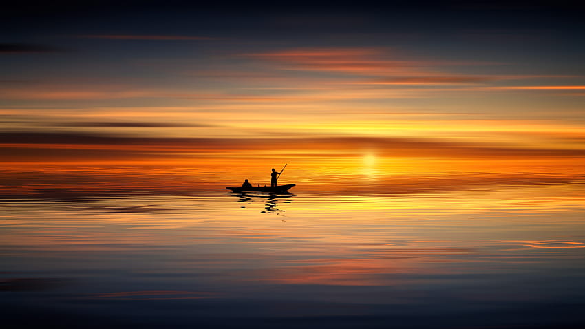 Nature, Sunset, Sea, Horizon, Silhouettes, Boat HD wallpaper