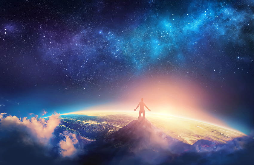 Mann, Stehend, Berggipfel, Weltall, Gipfel, , Fantasie HD-Hintergrundbild