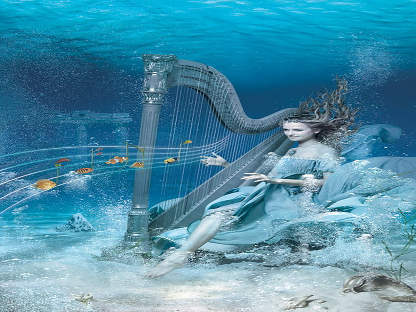 ocean melody, blue, deep, fish, harp, melody, ocean HD wallpaper