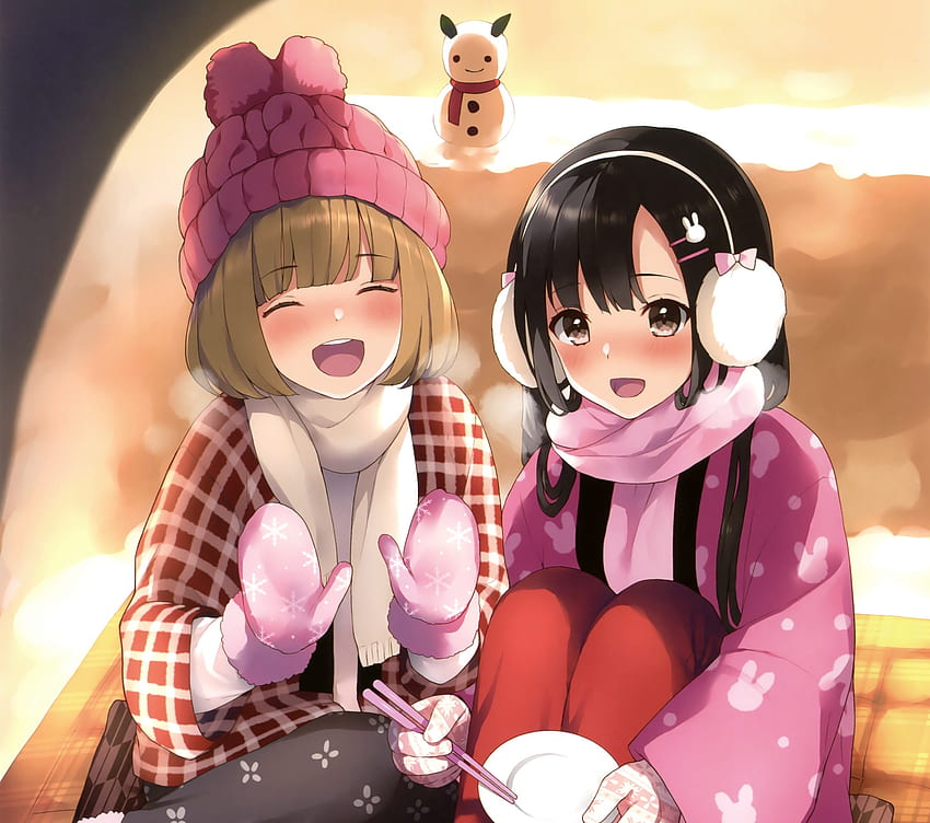 Winter, cute anime girls, friends HD wallpaper