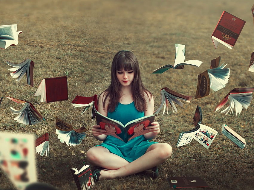 Blaues Rockmädchen las Buch, fliegende Bücher, Mädchen-Lesung HD-Hintergrundbild