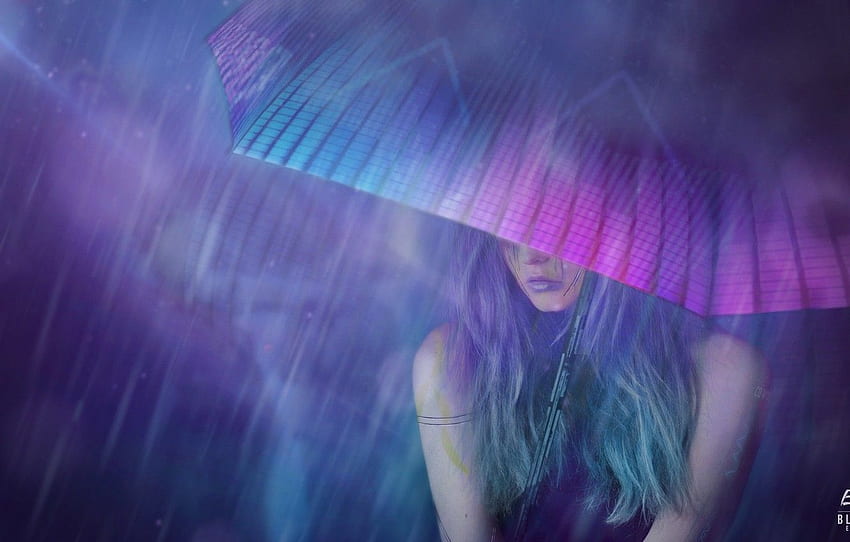 Girl, Night, Figure, Umbrella, Art, Art, Rain, Concept, Crying Girl HD wallpaper