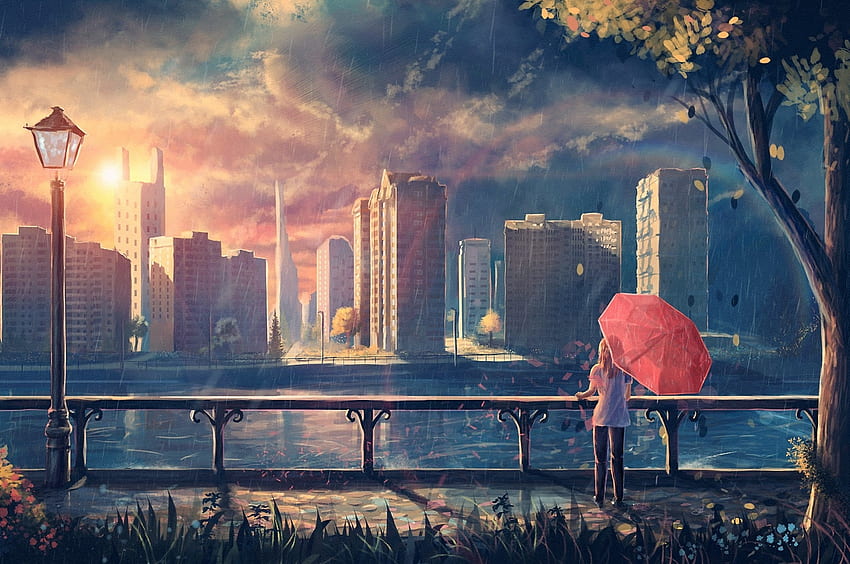 Fantasy Cityscape, Skyscraper, Girl, Raining, Sunset, Park for ...