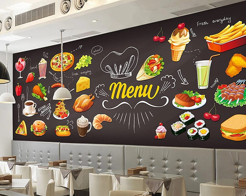 Retrô personalizado, comida pintada à mão, murais tridimensionais 3D para a parede de fundo do restaurante café do hotel PVC papel de parede HD