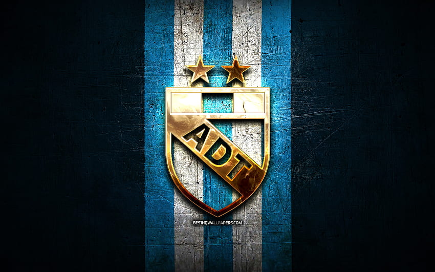 Tarma FC, logo doré, Liga 1 Apertura, fond métal bleu, football, club de football péruvien, logo ADT Tarma, football, ADT Tarma Fond d'écran HD