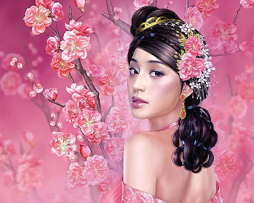 Schönes Mädchen mit Blüten, Mädchen, rosa, schön, Blumen HD-Hintergrundbild