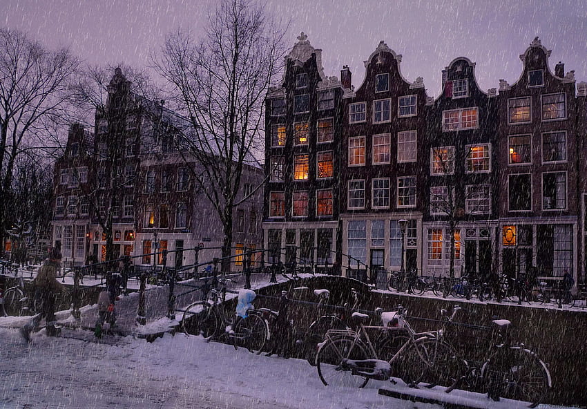 Winter evening in Amsterdam. cities for android HD wallpaper