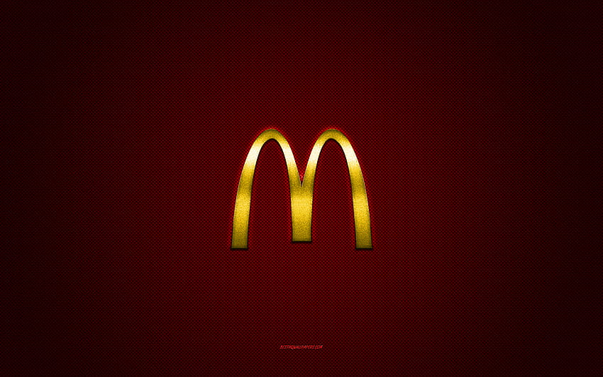 McDonalds logo, yellow shiny logo, McDonalds metal emblem, red carbon fiber texture, McDonalds, brands, creative art, McDonalds emblem HD wallpaper