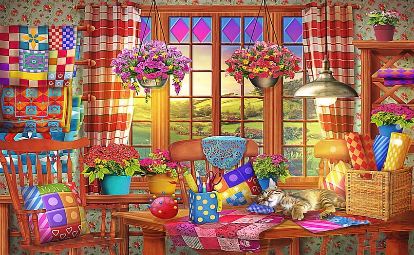 The Quilt Room, colorful, table, room, window, Quilts, Painting, flowers HD wallpaper