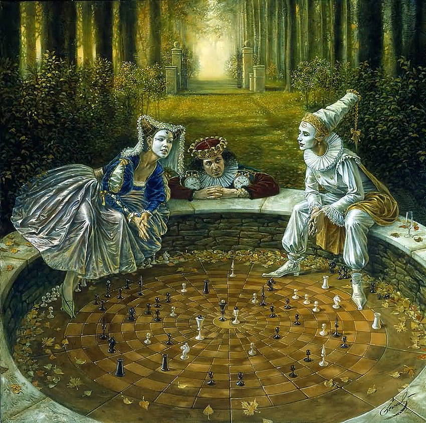 Michael Cheval - Checkmate, golden, white, man, girl, checkmate, woman, harlequin, michael cheval, chess, nature, forest HD wallpaper