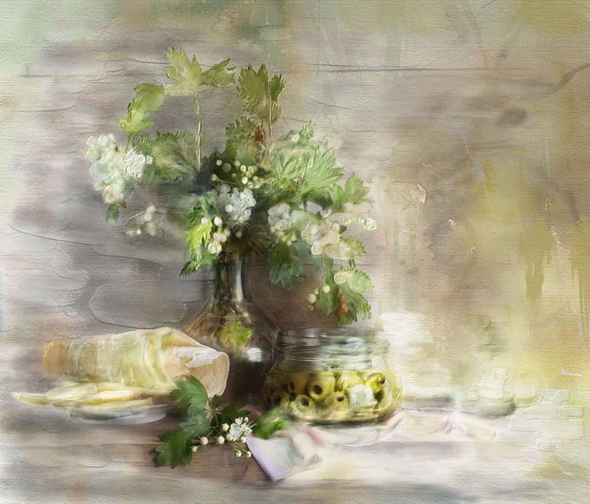натюрморт, стъклена ваза, , маслини, сервизи, красиво, стъклена купа, бели цветя HD тапет