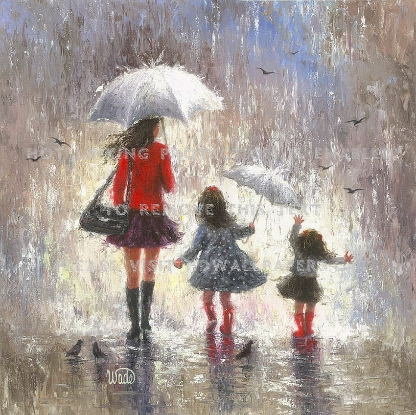 rainy day painting children mother umbrella HD wallpaper