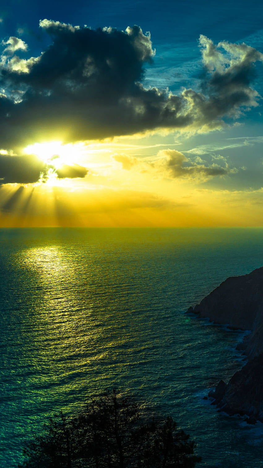 Dağlar Deniz Okyanus Altın Güneş Işığı Bulutlar Gece iPhone 8 HD telefon duvar kağıdı