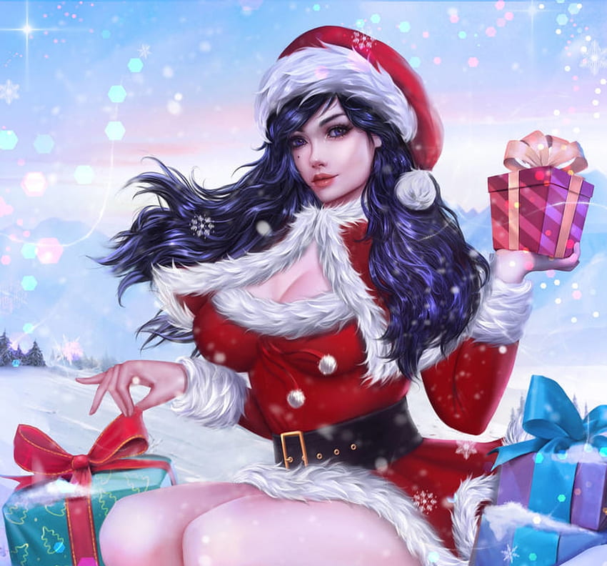 Merry Christmas!, blue, craciun, girl, gift, pink, fantasy, christmas, red, luminos, tigrsasha, santa, hat HD wallpaper