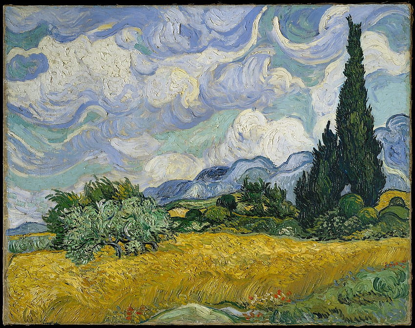 Vincent van Gogh. Campo de trigo com ciprestes, pinturas de Van Gogh papel de parede HD