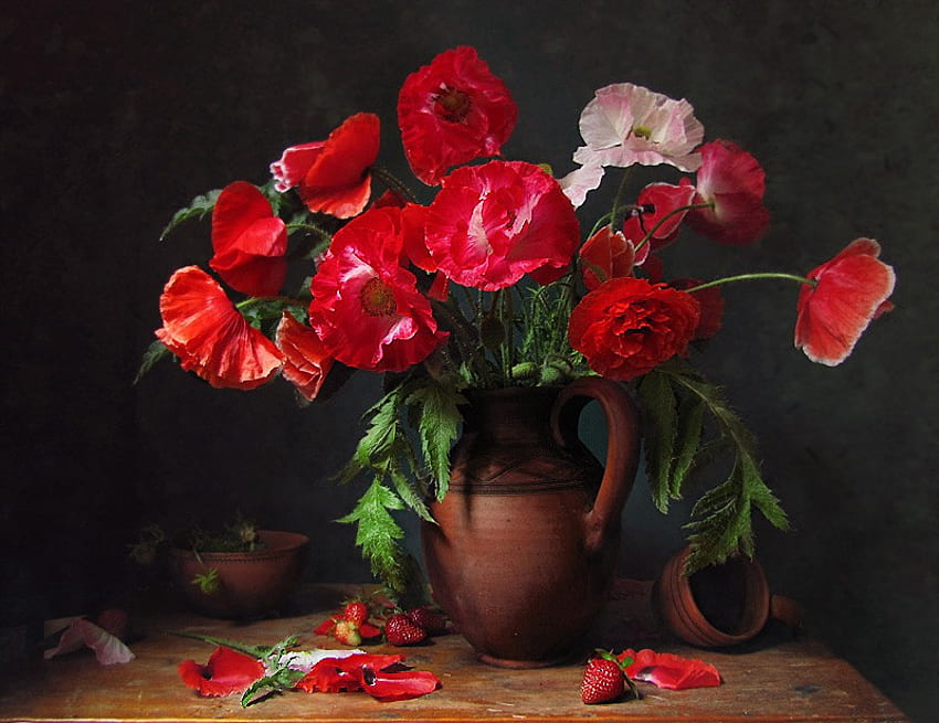 Bunga poppy, lukisan alam benda, poppy, merah, vas, cantik Wallpaper HD