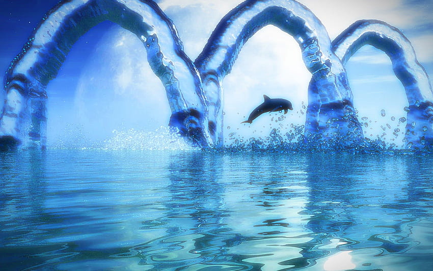 Juego de delfines, fantasía, agua, delfín, hielo. fondo de pantalla