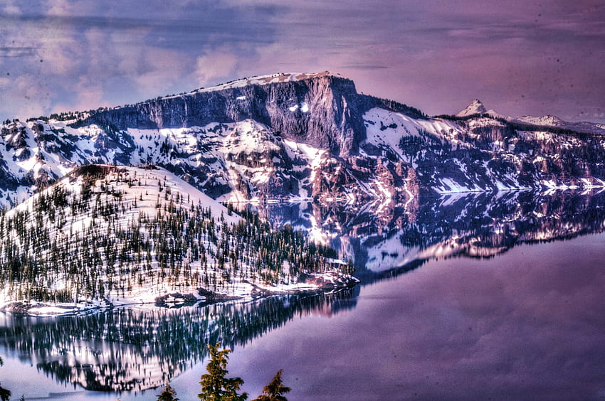 Oregon's Crater Lake in Winter, Twilight, Winter, Lakes, Snow, Nature, Volcanoes, Mountains, Craters HD wallpaper