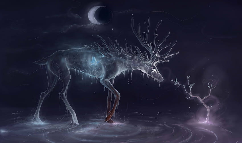 Night of spirits, night, spirit, fantasy, deer, cerb, luna, tree, dark, moon HD wallpaper