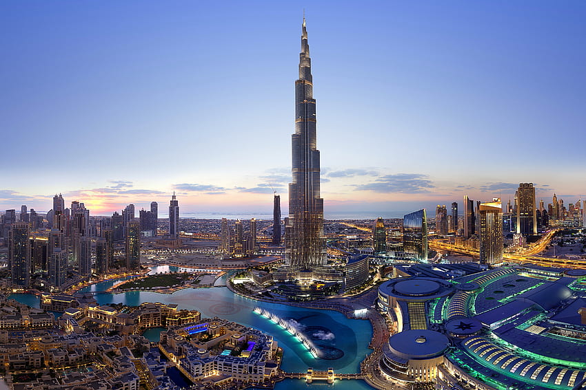 Burj Khalifa, Dubái, Paisaje urbano, Rascacielos, Anochecer, Cielo despejado, Mundo, Burj Kalifa fondo de pantalla