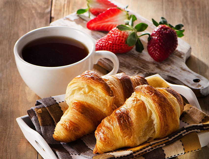 Coffee Croissant Strawberry Cup Food HD wallpaper