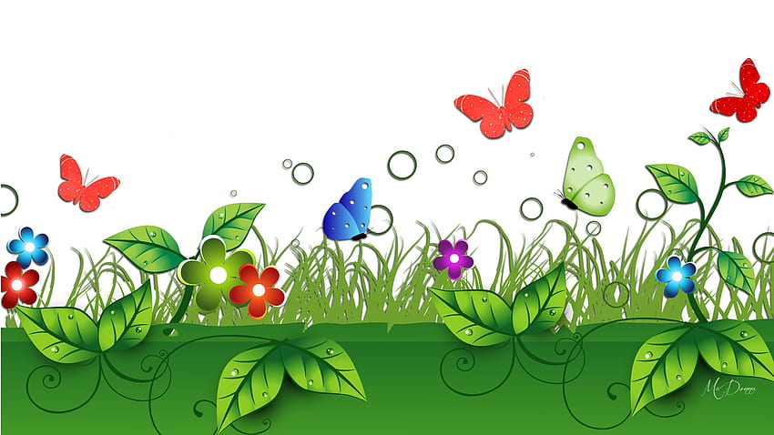 Пролет Лято Граница, градина, трева, пролет, свежа, граница, тема за Firefox Persona, лято, пеперуди, листа, цветове, ярко, зелено, цветя HD тапет