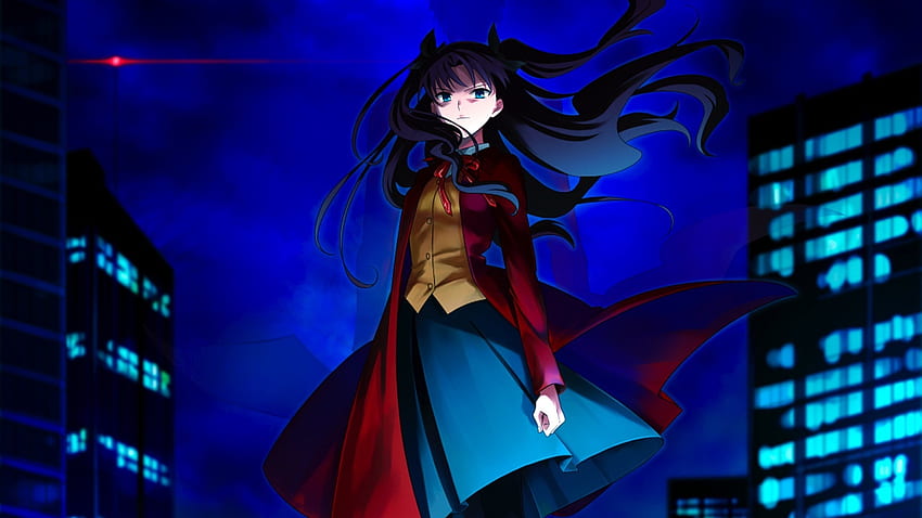 Red coat, Rin Tohsaka, TYPE-MOON, long hair, anime HD wallpaper