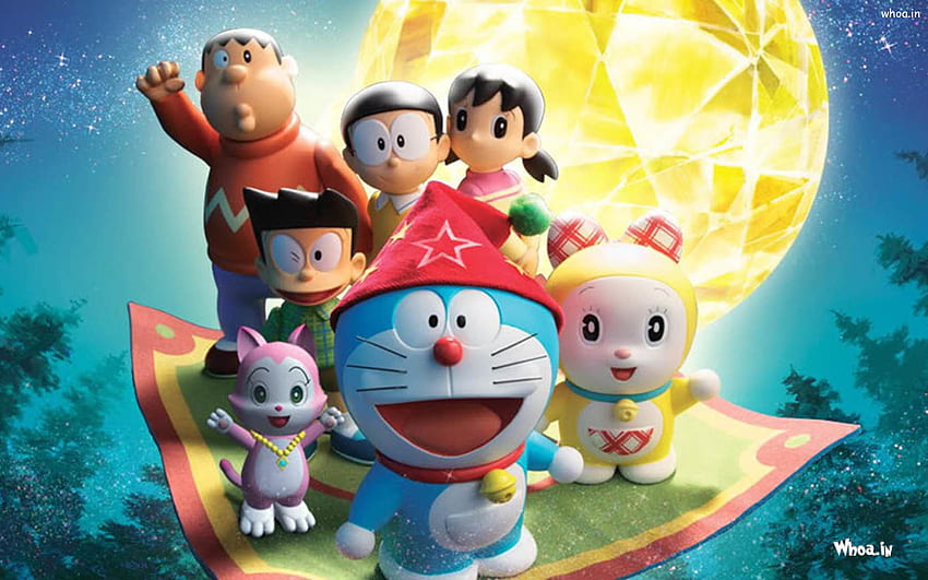 Doraemon-Fliege im Teppich mit gelbem Mond-Hintergrund HD-Hintergrundbild