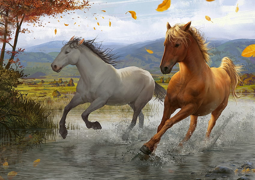 The storm, horse, cal, wind, fantasy, couple, autumn, leaf, luminos, water, toamna, storm HD wallpaper