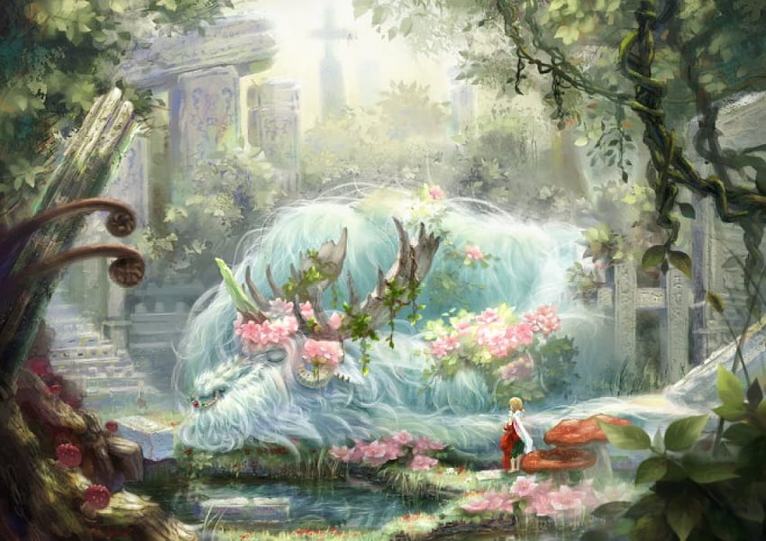 Philosopher's Sleep, cute, floral, beauty, nice, scenery, cg, flower, magical, scenic, horn, , jungle, female, blossom, ruin, sweet, magic, scene, girl, beautiful, monstger, anime, fantasy, pretty, creature, lovely, forest, realistic HD wallpaper