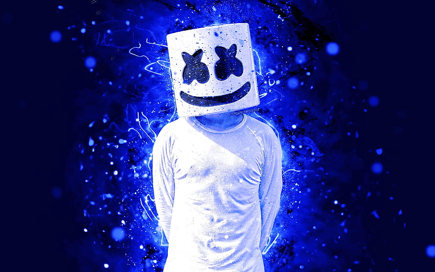 Marshmello DJ, , dakr blue neon, amerykański DJ, fan art, Christopher Comstock, Marshmello, grafika, Marshmello, supergwiazdy, kreatywność, DJ Marshmello, DJ-e z rozdzielczością. Wysoka jakość, niebieski DJ Tapeta HD