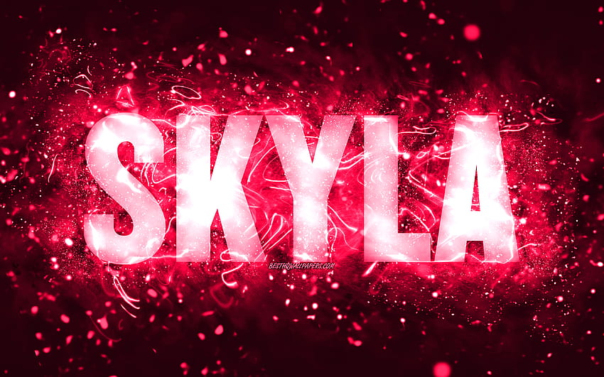 Happy Birtay Skyla, luces de neón rosas, nombre de Skyla, creativo, Skyla Happy Birtay, Skyla Birtay, nombres femeninos estadounidenses populares, con el nombre de Skyla, Skyla fondo de pantalla