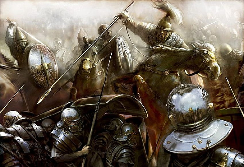 The Battle Joined, Schild, Pferd, Rüstung, Schlachtfeld, Fantasie, Schwerter, Helm, Pilum, Speer, Krieger HD-Hintergrundbild