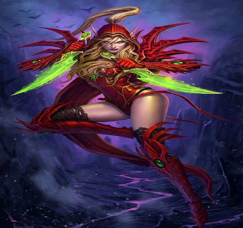 Elf Warrior, magic swords, fantasy, red, elf, female HD wallpaper