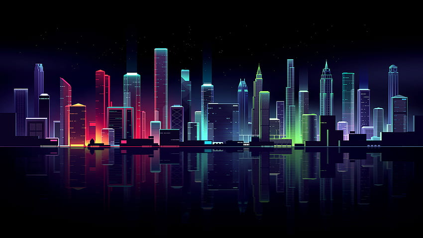Neon Şehir İllüstrasyonu (Romain Trystram tarafından) [] HD duvar kağıdı