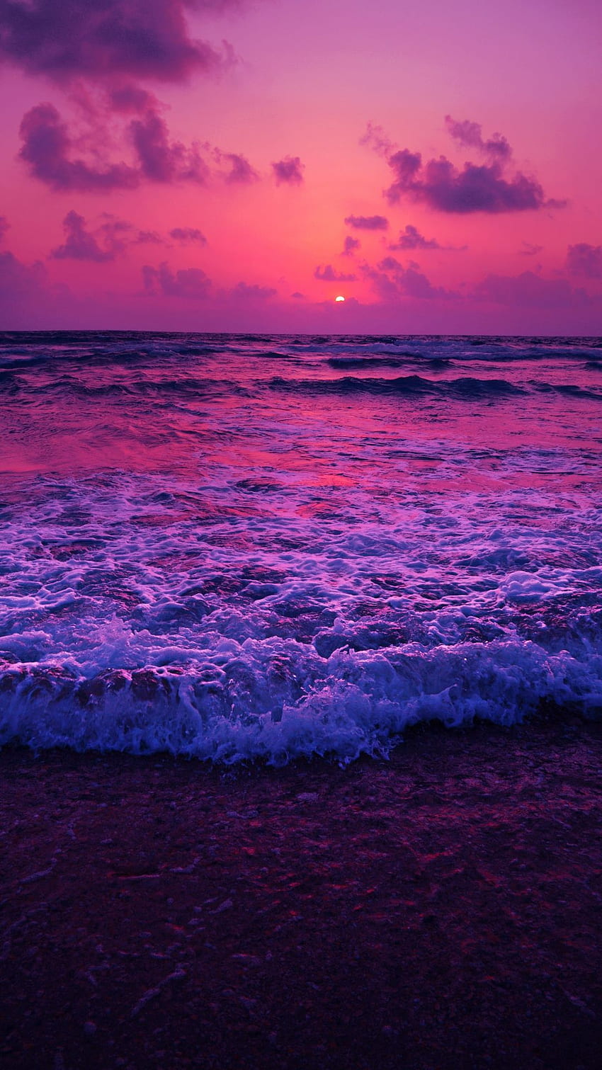 Purpurroter Strand-Sonnenuntergang, purpurroter Ozean-Sonnenuntergang HD-Handy-Hintergrundbild