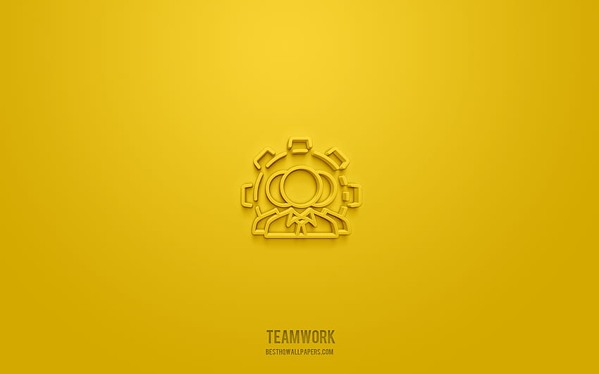 3d икона за работа в екип, жълт фон, 3d символи, работа в екип, бизнес икони, 3d икони, знак за работа в екип, бизнес 3d икони HD тапет
