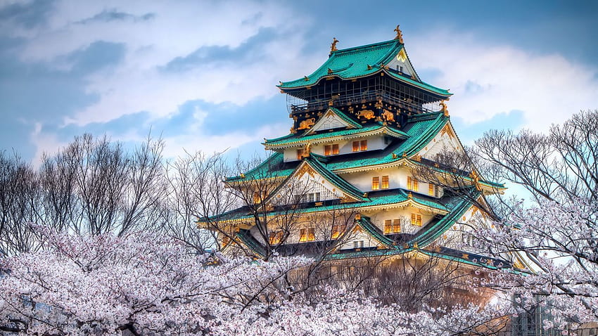 град, япония, храм, небе, пролет, череша, цветен таблет, фон на лаптоп, японски HD тапет