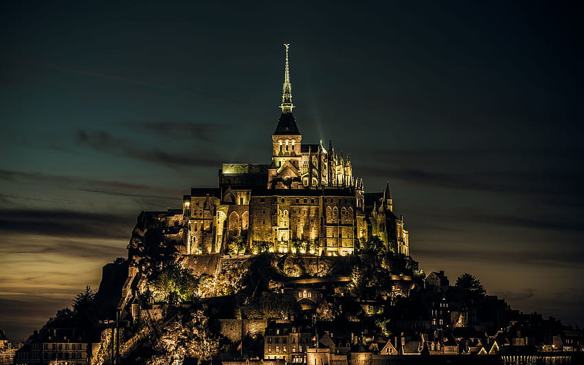 Castelo de Mont Saint Michel Edifícios Noite Luzes Céu . . 45269 papel de parede HD