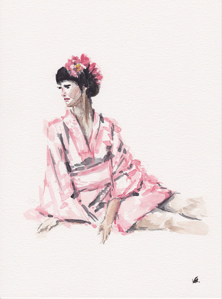 Watercolor original kimono art of Japan Japanese woman, Japanese Geisha Watercolor HD phone wallpaper