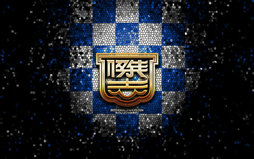 Kitchee SC, logotipo brillante, Liga Premier de Hong Kong, a cuadros azul y blanco, fútbol, ​​club de fútbol de Hong Kong, logotipo de Kitchee SC, arte de mosaico, fútbol, ​​Kitchee FC fondo de pantalla