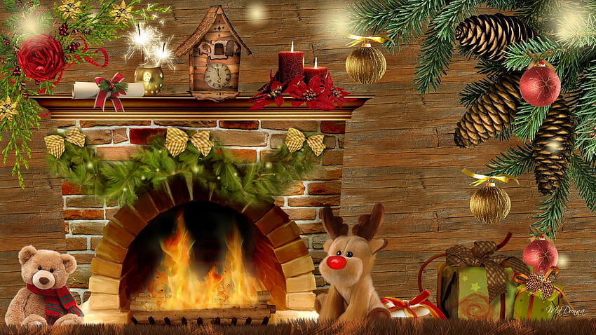 Christmas Evening, toy, hearth, cozy, fireplace, family house, teddy bear, reindeer, animals, candles, clock, warm, plush, stuffed, feliz navidad, gifts, tree, presents, christmas, cottage, fire HD wallpaper