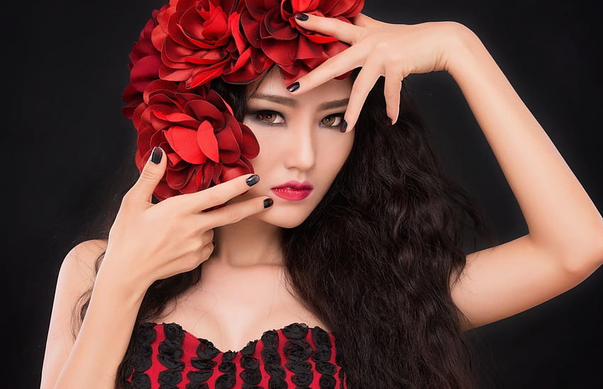 beleza, preto, modelo, asiático, flor, vermelho, menina, mulher papel de parede HD
